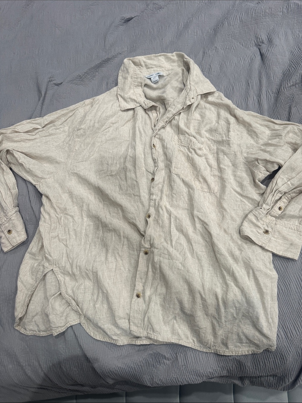 Old Navy Beige Linen Button-Down Shirt Boyfriend Shirt